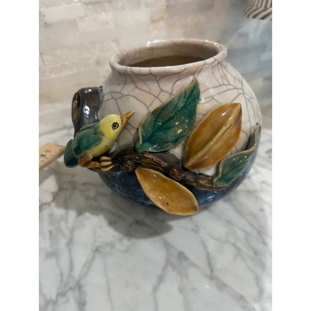 Vintage Majolica Style Crackle Glazed Planter Cachepot 3d Bird Studio Art w Flaw